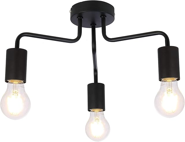 UKEW 3 Way Retro Ceiling Light - Black Vintage E27 LED Compatible Semi Flush Arm Lighting Fixtures for Modern Kitchen Bedroom Lounge