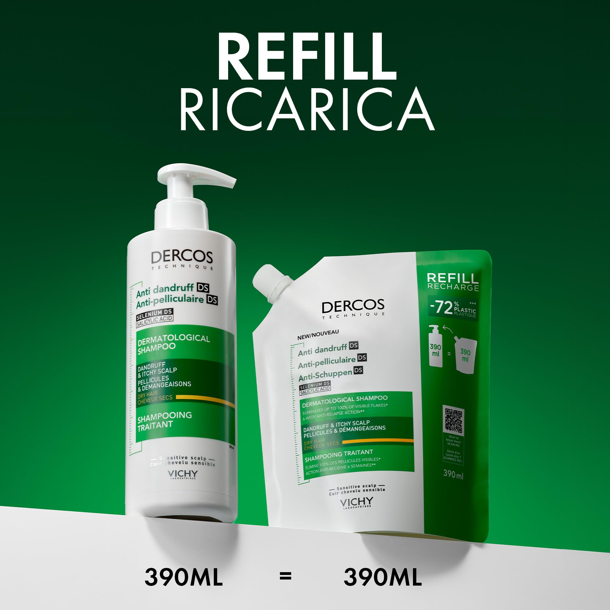 Vichy Dercos Eco-Ricarica Shampoo Anti-Forfora DS per Capelli Secchi, 390 ml