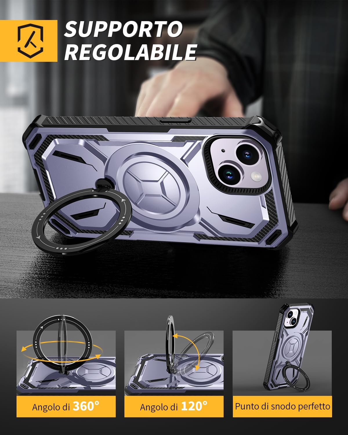 Lanhiem Cover iPhone 14 / iPhone 13 con 2 Pezzi Vetro Temperato, Supporto Magnetico Anello a 360° Protezione 6FT Antiurto Anticaduta Militare Armor Protezione, Custodia iPhone 13/14, Viola