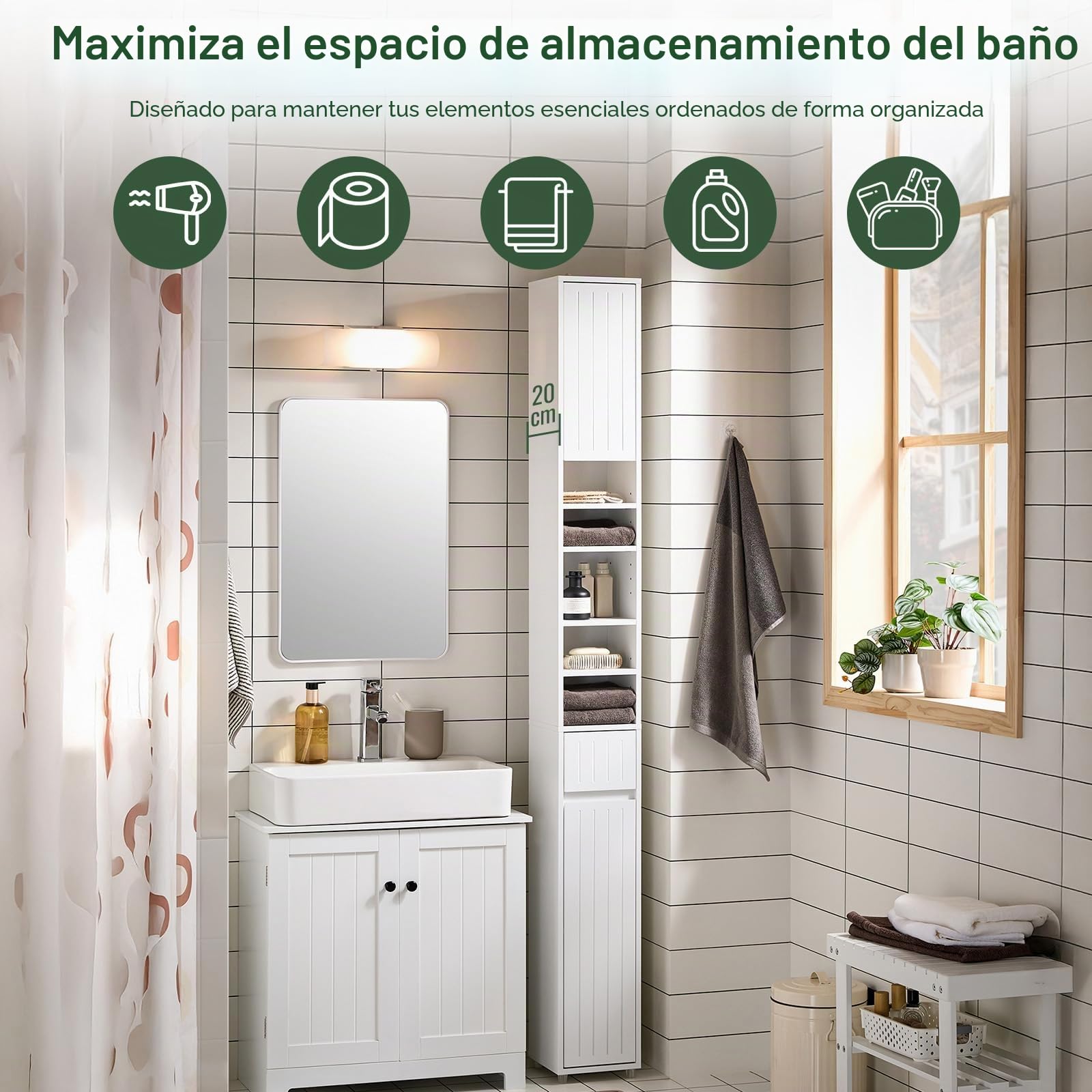 SoBuy Mueble Baño Alto Armario Baño Estrecho 20x180x20 cm Blanco | Mueble Baño Auxiliar, Armario Columna Baño con Puertas, Cajón y Estantes, Mueble Almacenaje Estrecho, BZR160-W
