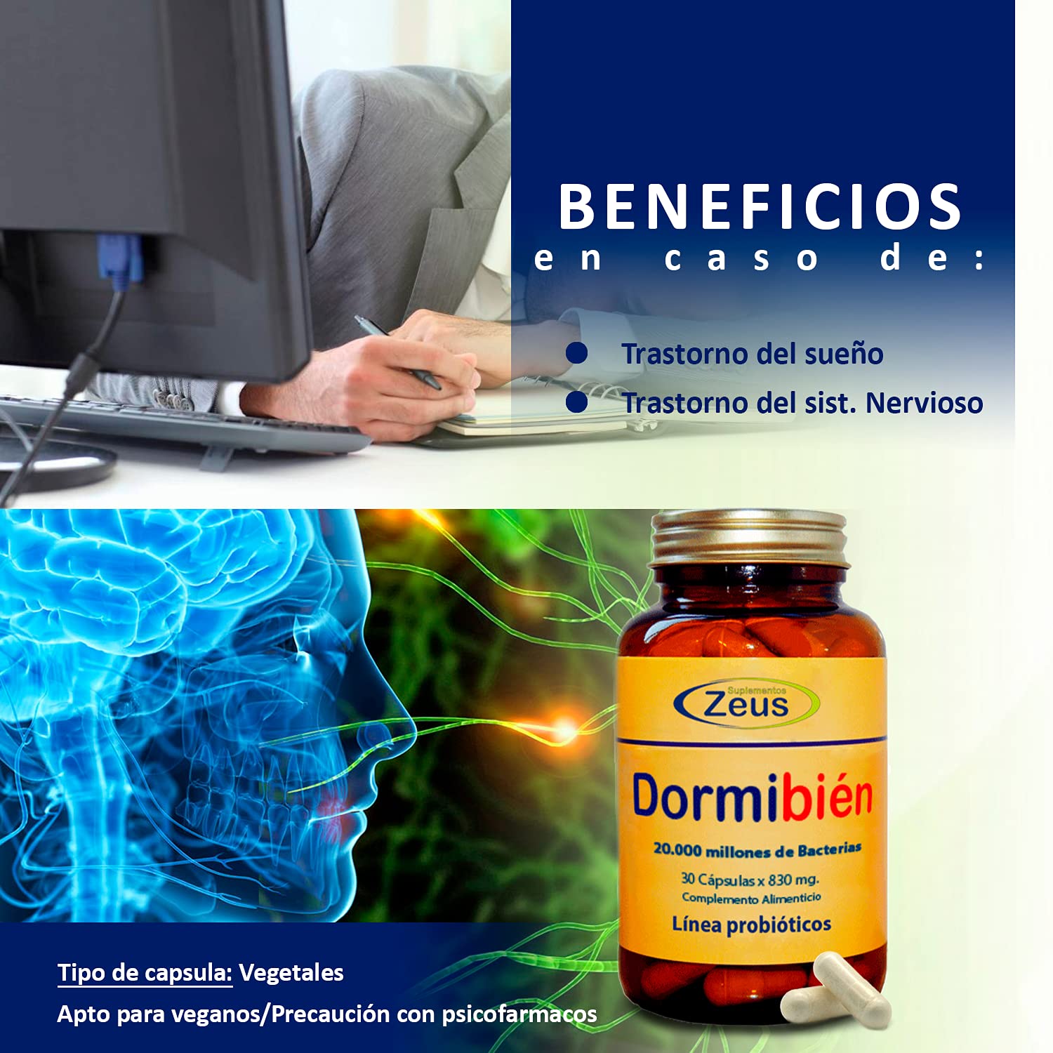DORMIBIEN Contribuye a rebajar la actividad nerviosa del cerebro, aportando calma .C. Alimenticio a base de GABA, Plantas, Probióticos, L-Teanina, Minerales y Melatonina 100% Vegano 90 Cap Veg