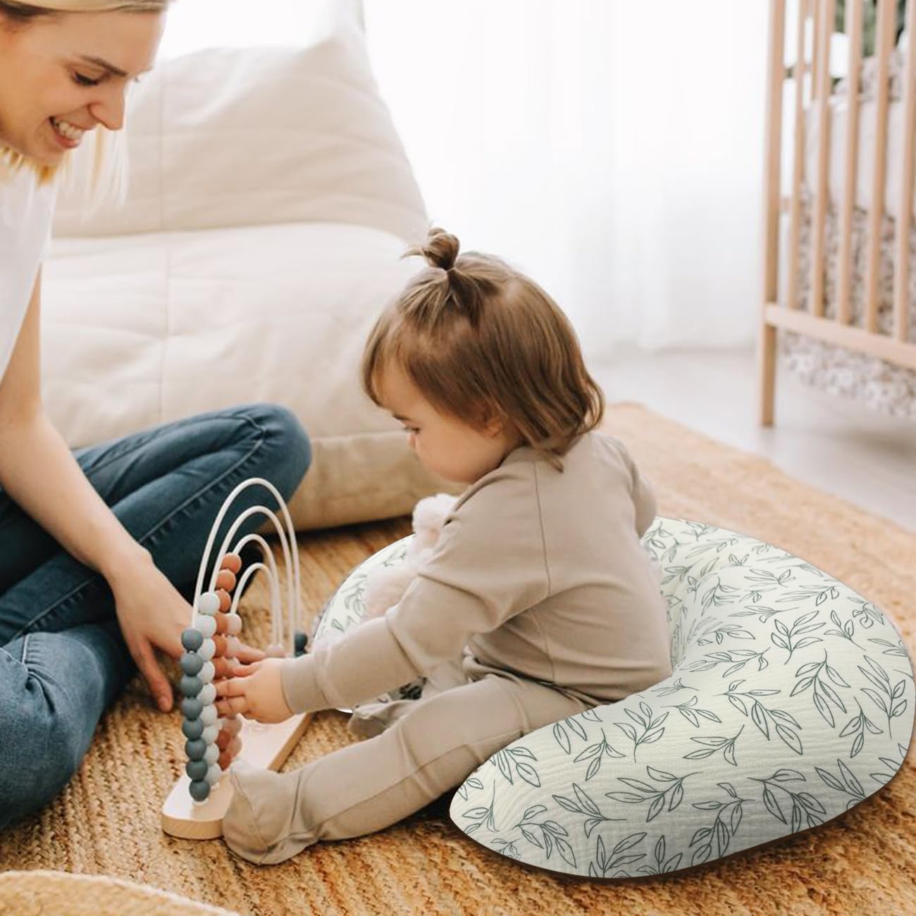 Nursing Pillow Cover - 2-Pack Muslin Cotton Removable Covers for Breastfeeding Pillows, Ultra-Soft Baby Feeding Pillowcase for Boy & Girl, Fits 22.5"x18" Pillows (Green Leaf & Sage Green) - Image 8