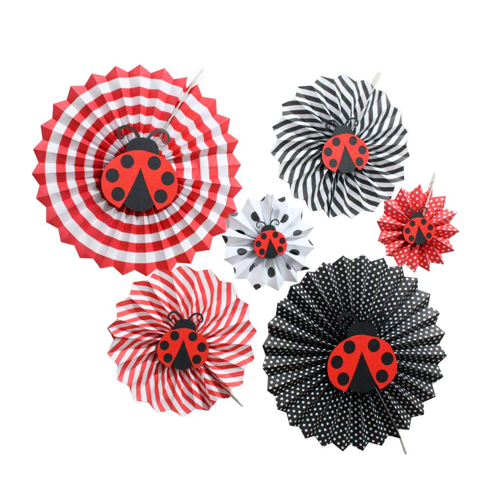 6PCS Ladybug Red Black Tissue Paper Fans for Ladybug Themed Party Decor Boy Girl First Birthday Decoration Baby Shower Birthday Party Photo Props