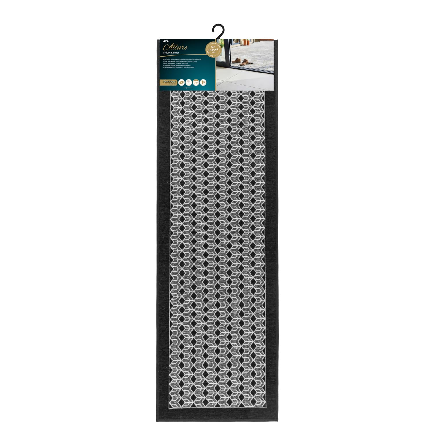 JVL Allure Machine Washable Entrance Runner Doormat, 50x150cm - Black