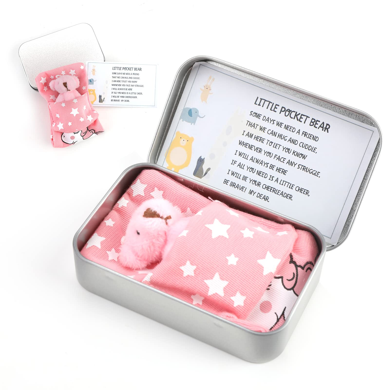 A Little Pocket Bear Hug Teddy Bear in a Tin Box Mini Animal Pocket Hug Bear Decoration Thinking of You Sending You a Hug Card and Stuffed Doll Best Wishe Gift for Graduation Birthday Wedding(Pink)