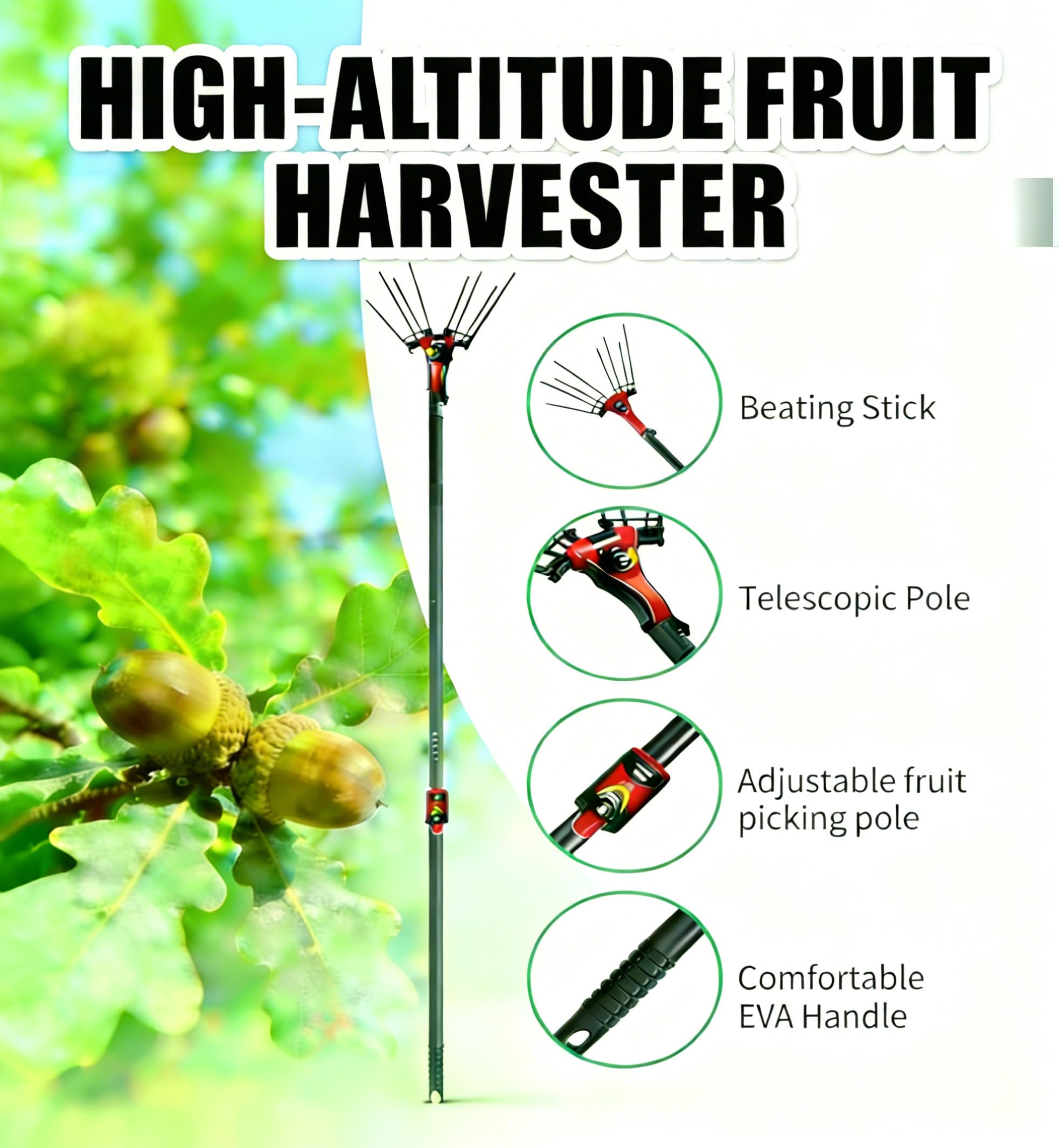 Recolector eléctrico de frutas con mango extensible, de 5.74 a 9.84 pies, ideal para cosechar aceitunas, aguacates, limones, peras y mangos