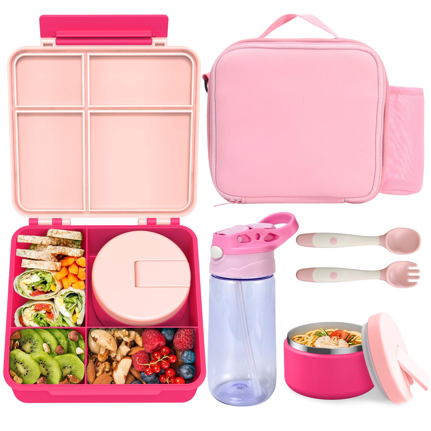 Pudełko na lunch Bento dla dzieci z termosem na zupę 230 ml, butelka na wodę, szczelne pojemniki na żywność na lunch z 4 przegródkami, izolowany słoik na gorące jedzenie dla dzieci, z torbą na lunch,