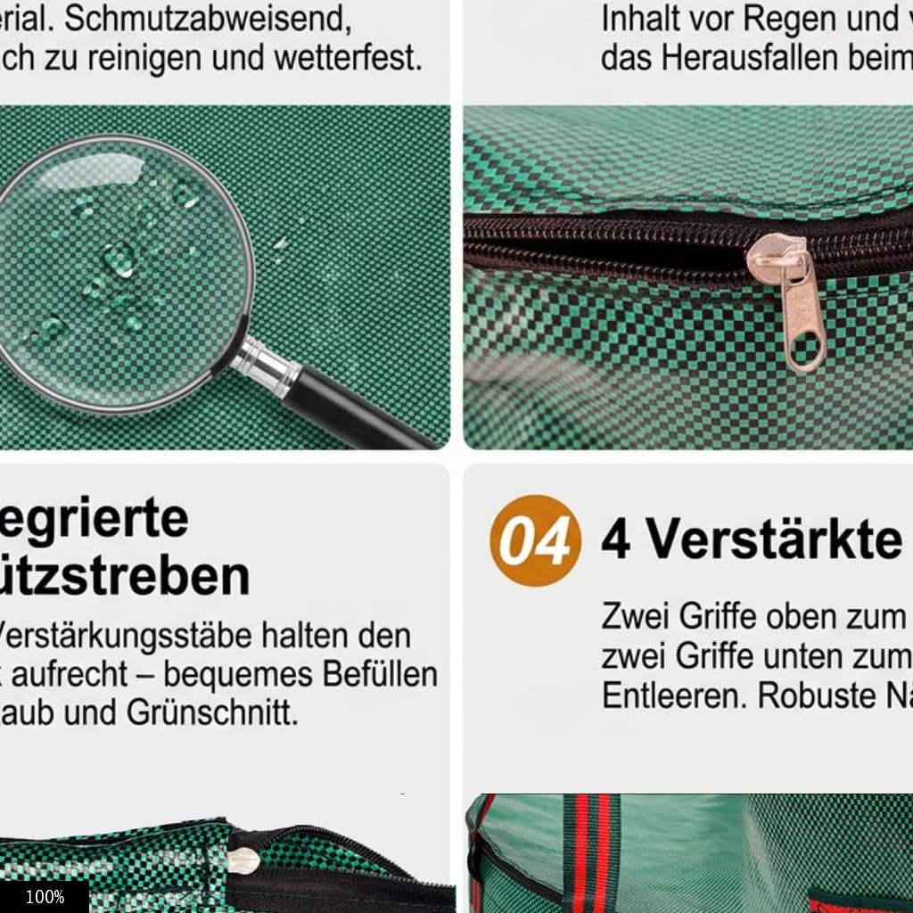 Sacco per rifiuti da giardino, 120 l, con coperchio, set da 2 pezzi, impermeabile, in tessuto PP, pieghevole e riutilizzabile, con manici e passanti per terreno, ideale per erba, foglie, taglio verde