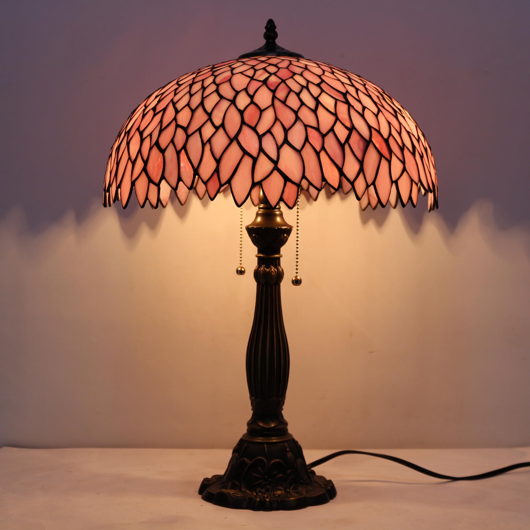 WERFACTORY Tiffany Lamp Stained Glass Style Bedside Table Lamp Pink Wisteria Desk Reading Light Resin Base 16X16X24 Inches — view 7