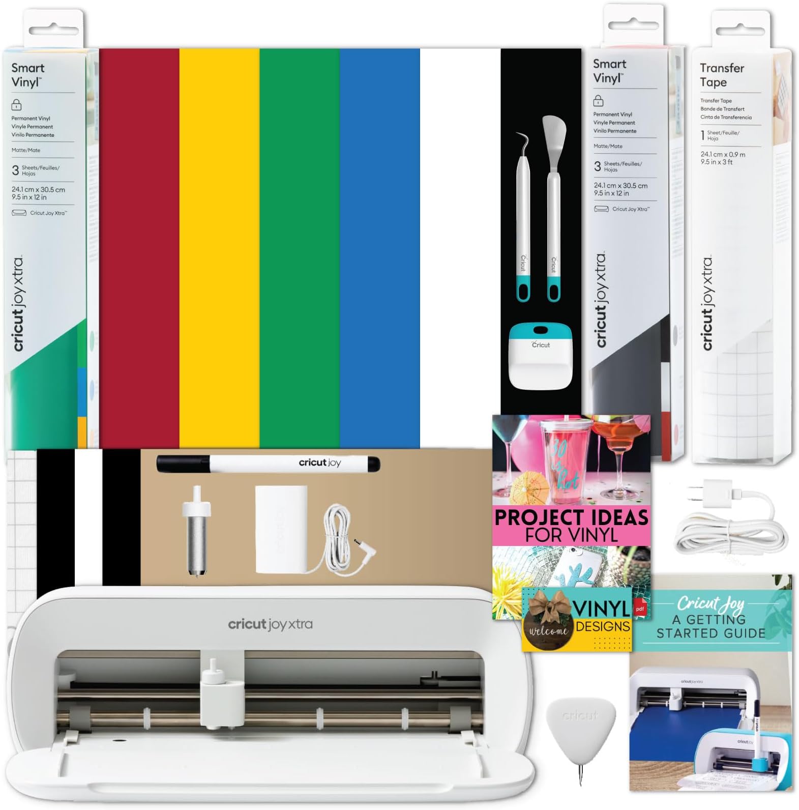 Joy Xtra Cutting Machine with Rainbow Smart Vinyl Sampler Packs and Tools Bundle - Beginner Portable Bluetooth Compatible Craft Machine