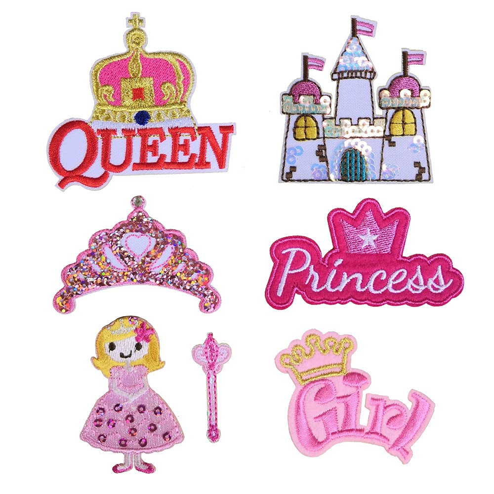 7-Pack Crown Princess Castle Girl Pink Embroidered Iron On Patch Sequin Applique Fabric Clothing Accessories DIY