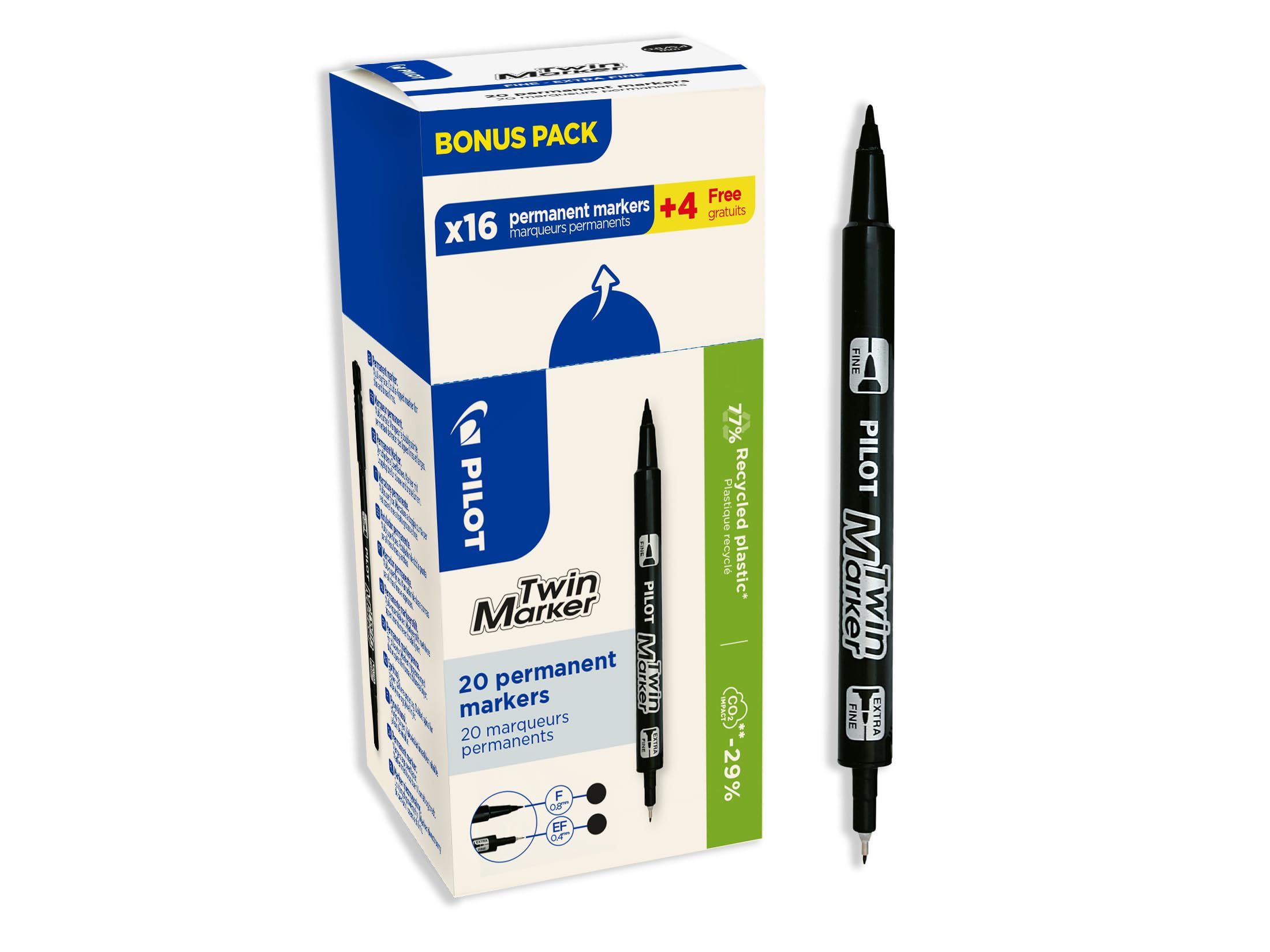 PILOT Twin Marker - 2 in 1 Permanent Marker - Ultra Precise Multi Surface Line - Recycled Plastic - Black - Double Fine and Extra-Fine Tip