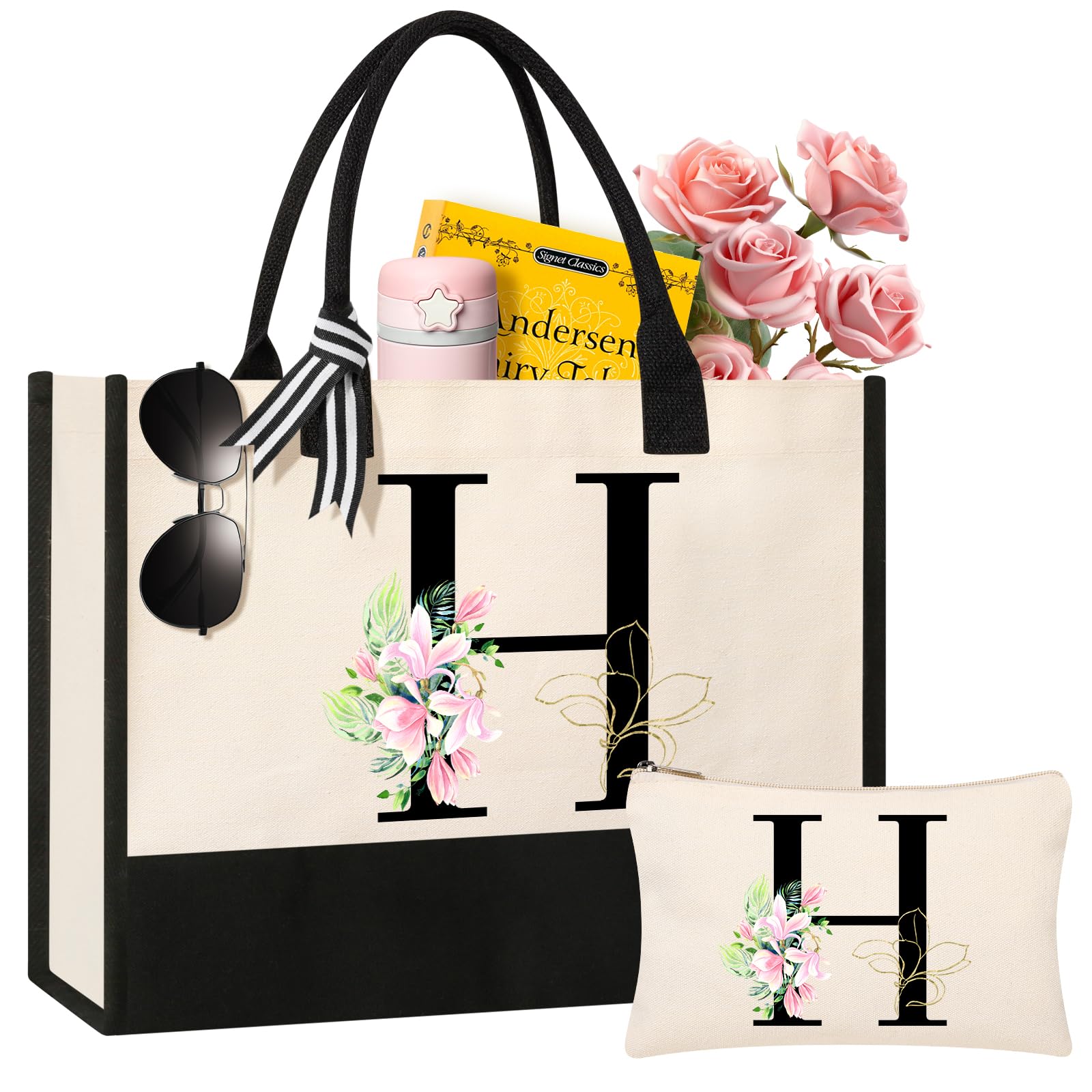 AYGE Personalized Initial Canvas Beach Bag Cosmetic Bags, Tote Bag, Makeup Bag, Gifts for Sister Mom Teacher Bridesmaid