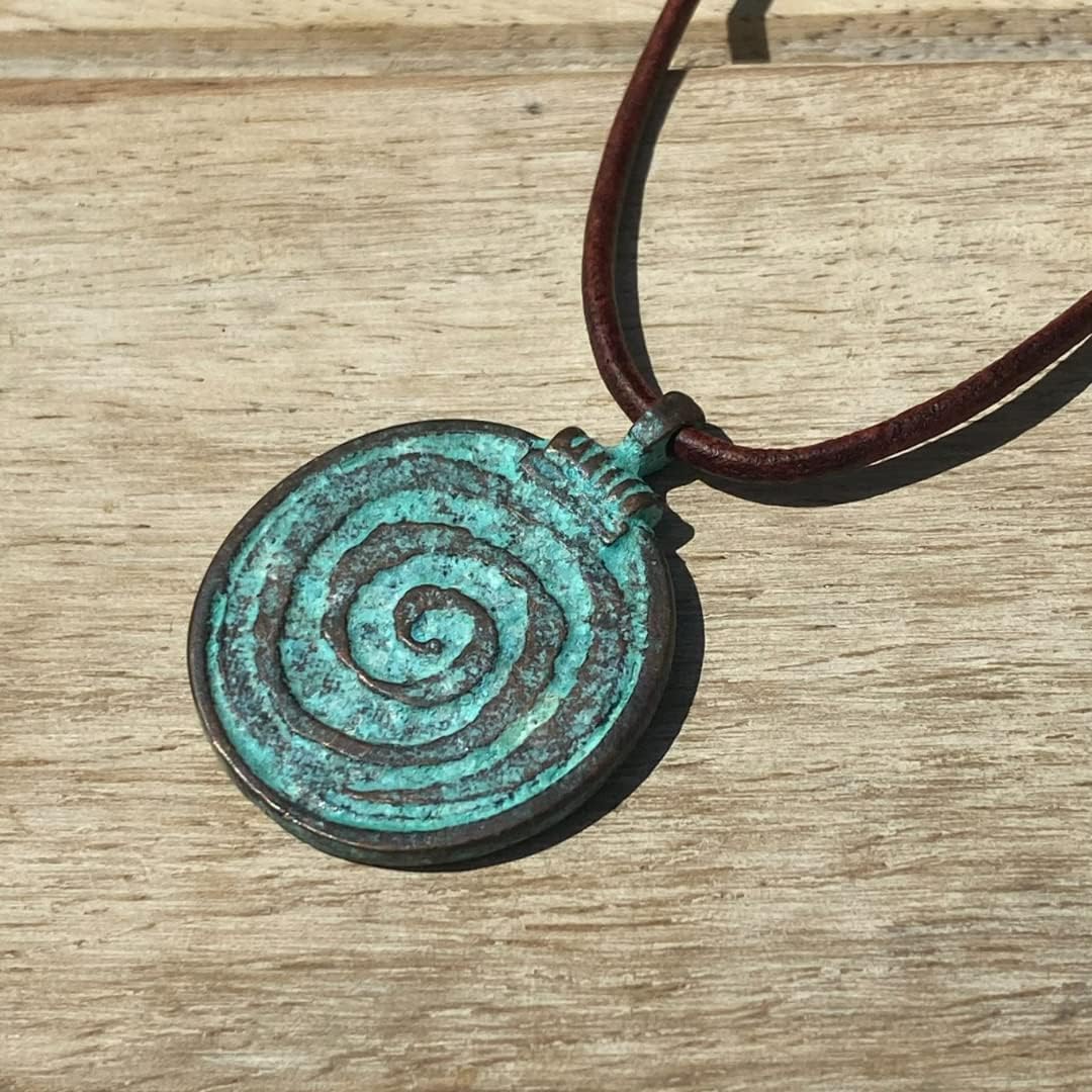 Gold Spiral Men Necklace - Greek Sun Antique, Women Choker Gifts, New Life and Growth, Mens New Year Gift, Big Coin Pendant, Symbol of Perseverance, Best Friend Present, Simple Viking Jewelry
