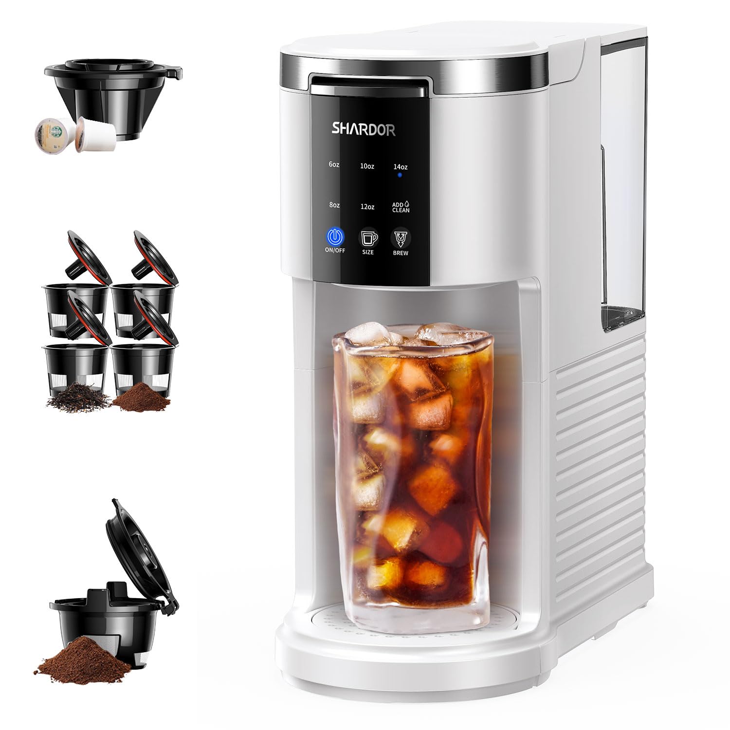SHARDOR 3 in 1 Coffee Maker, K Cup Coffee Maker Compatible with Ground Coffee & Teas, Single Serve Coffee Machine, 6–14oz Brew Sizes, 40oz Detachable Water Reservoir, Descale Settings, White