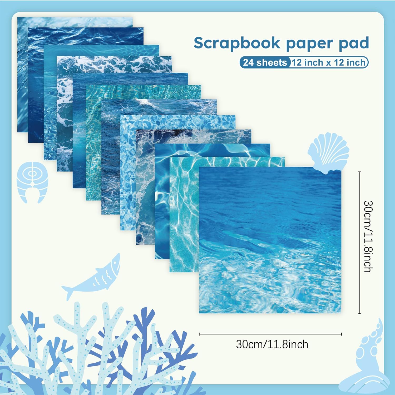 12in Blue Waves Scrapbook Paper Pad - 24 Sheets Double Side Sea Patterns Designed Aesthetic Collage Material for Junk Journal Folded Card Making DIY Crafts Gift Wrapping Supplies
