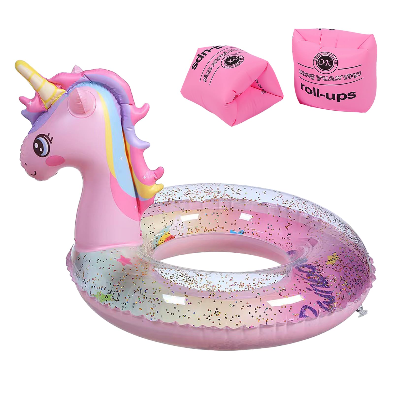 JSTHHTT Inflable de Unicornio con Purpurina, Anillo de Natación para Niños, Flotador de Piscina Inflable y 2 Manguitos Piscina, para Fiestas, Vacaciones, Baño