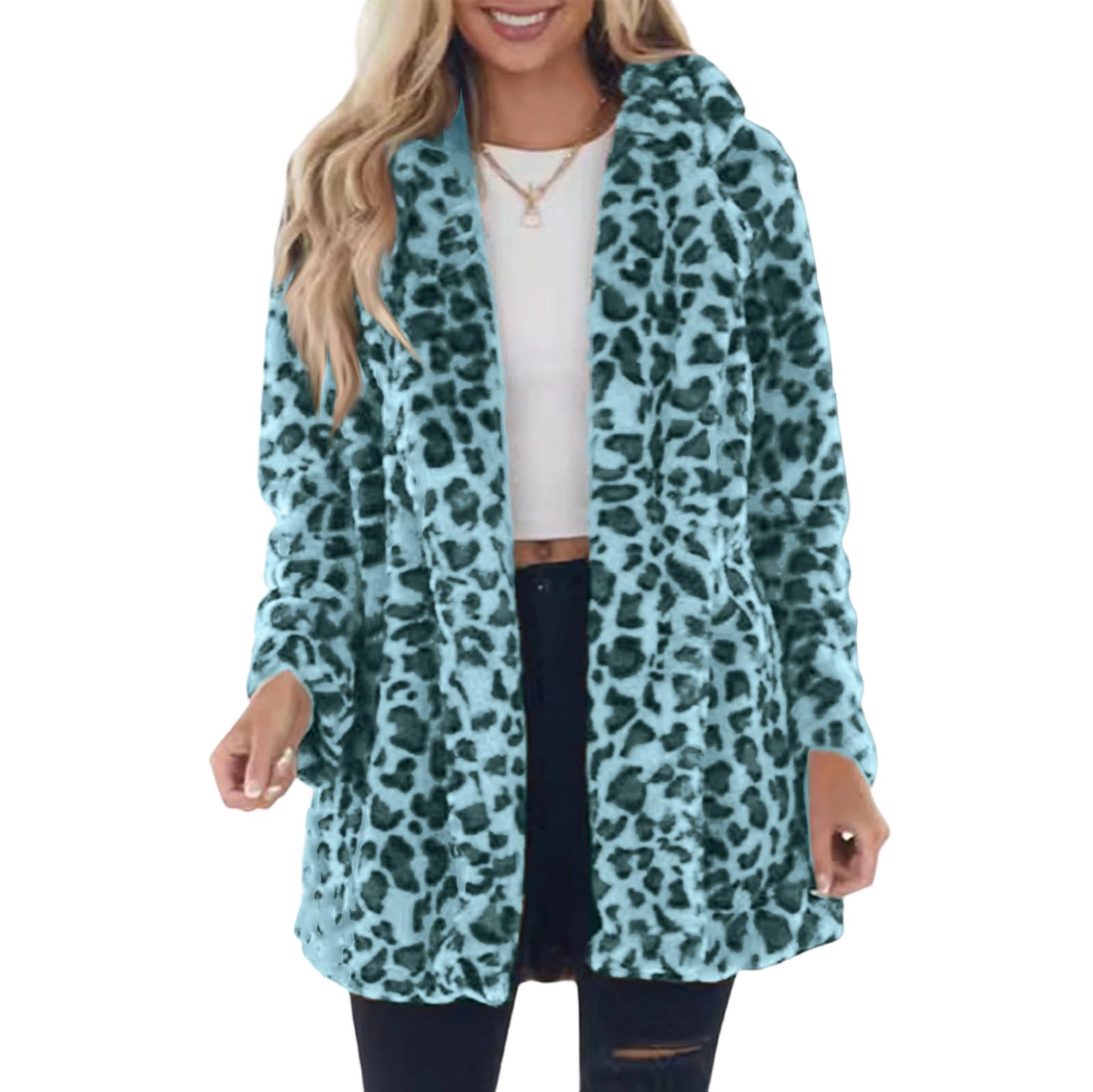 Fleecejacke Damen Lang Teddyjacke Teddy Mantel Leopard Winterjacke