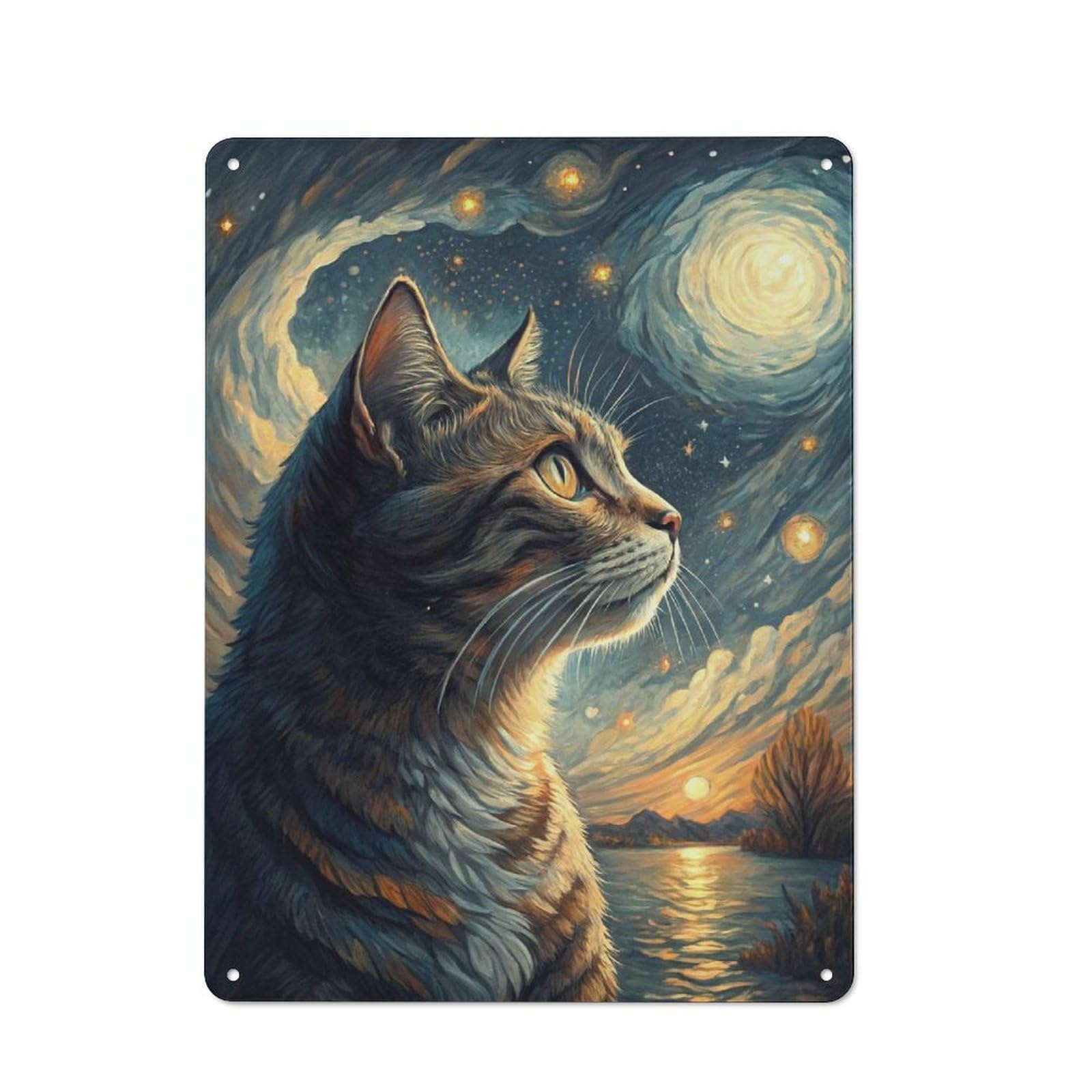 Junmoney Style-10 Cat Looking At Starry Sky Urban Metal Wall Decor 40X30cm, Industrial Metal Sign For Flat, Bar, Studio Or Gallery Wall