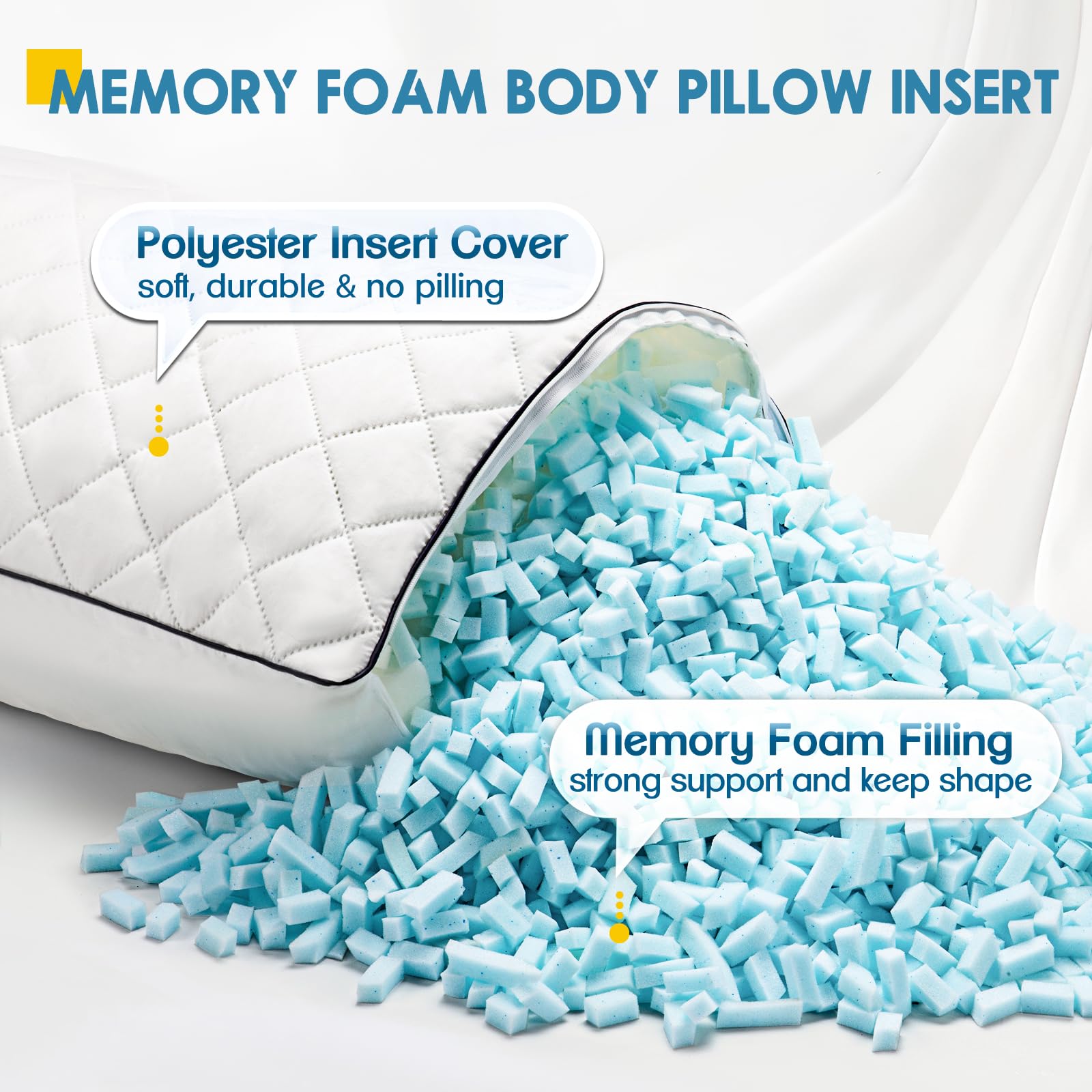 Cuscino per il corpo per adulti, cuscino lungo in memory foam, 50 x 152 cm, supporto completo per chi dorme di lato, bianco