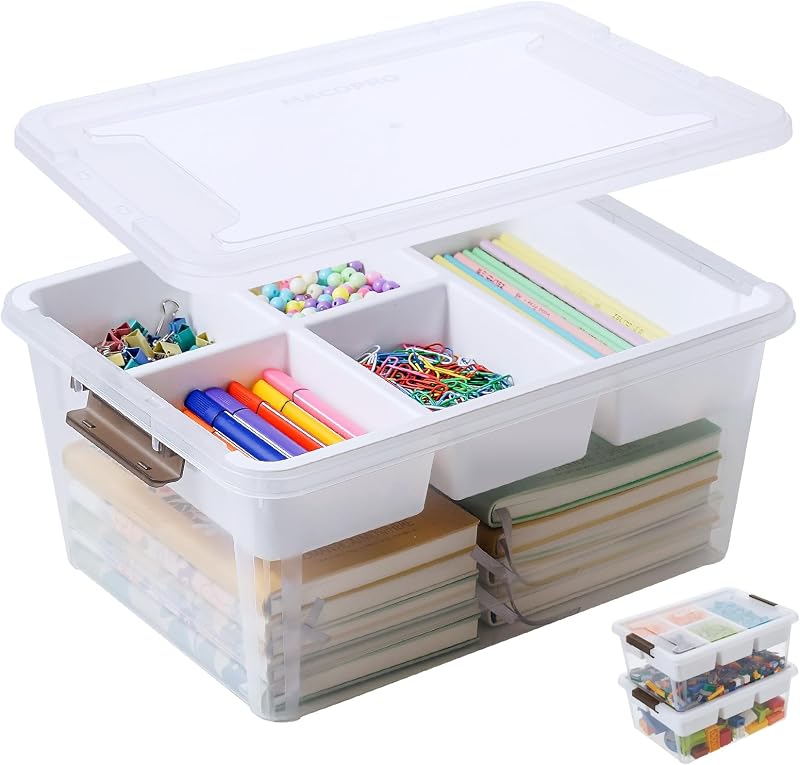 Caja de plástico transparente de 17 cuartos para almacenamiento de manualidades con bandeja y tapa extraíbles | Contenedor de 1 paquete, organizador de suministros de arte para plastilina, costura, cuentas y herramientas de manualidades, organización de contenedores apilables que ahorran espacio