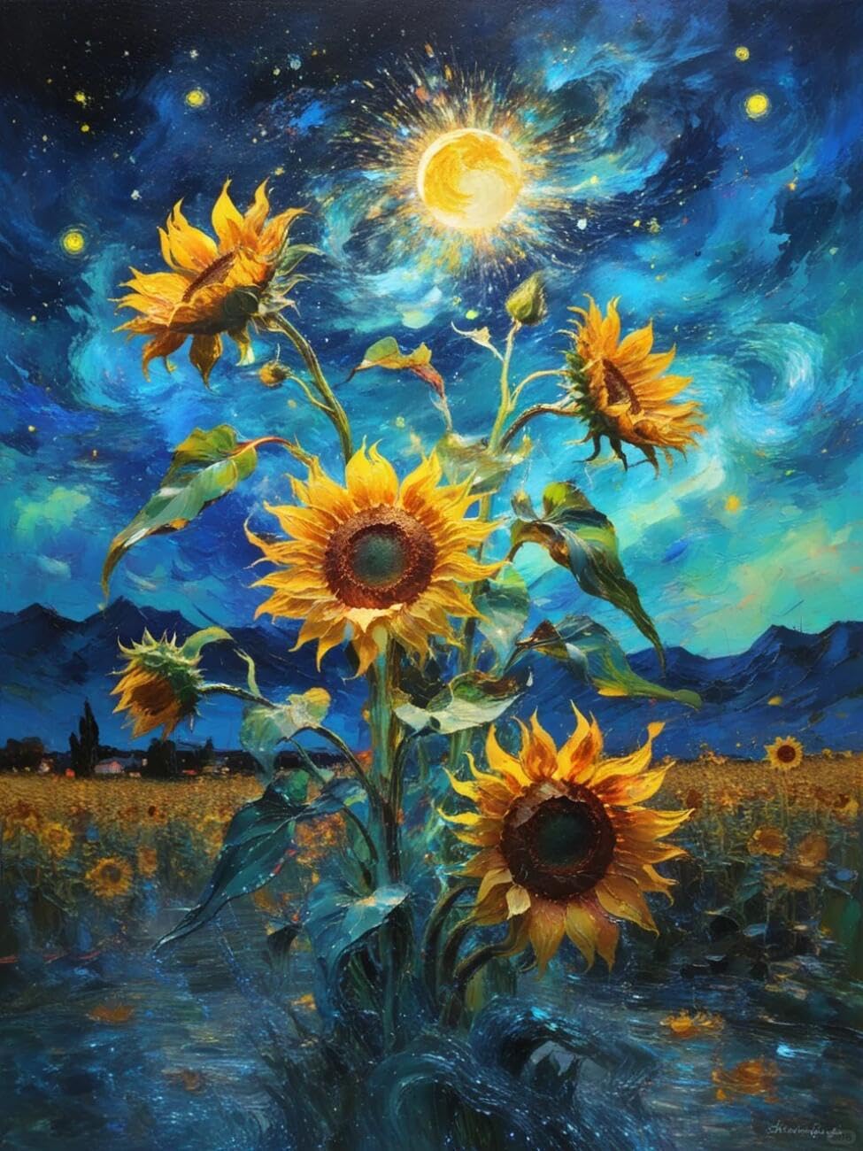 Henypt Pre Printed Cross Stitch Kit Starry Sky and Sunflowers Flowers DIY Needlepoint Set for Beginners The Elderly with Accessories Home Wall Art 14CT 60x80cm