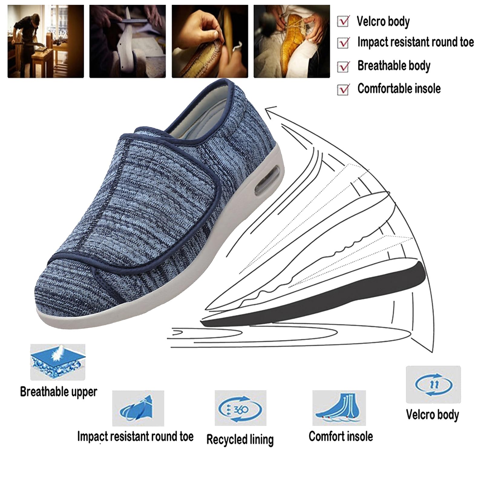 Scarpe per Diabetici Uomo,Larghe per Piedi Gonfi Scarpe da Passeggio Regolabili per La Neuropatia Dolorosa dei Piedi degli Anziani.Light Blue 50