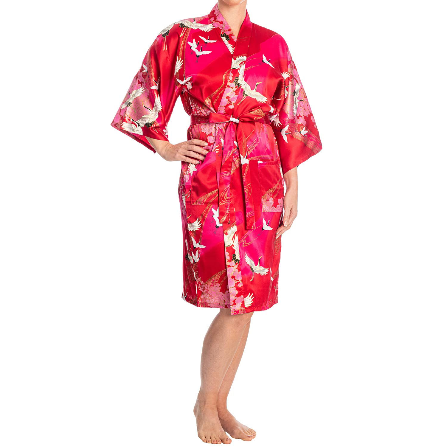 Silk Crane Print Short Red Authentic Japanese Kimono