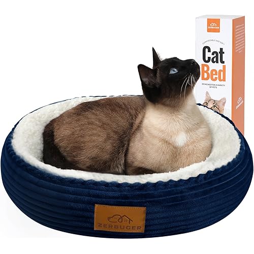 Cat Beds for Indoor Cats, Small Dog Beds for Small Dogs, Pet Bed for Puppy and Kitty, Extra Soft & Machine Washable with Anti-Slip & Water-Resistant Bottom, 20 Inches, Navy Blue