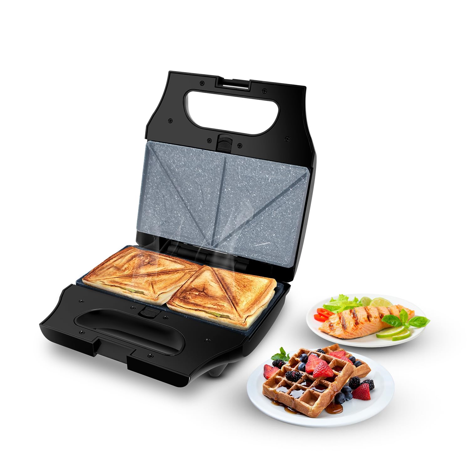 Elato Bs302 800 Watt 3-In-1 Detachable Sandwich Maker, Removables Plates For Toaster, Griller & Waffle Maker, Non-Toxic Ceramic Coating,2 Year Warranty, Regular Bread Size For 2 Slices, Black