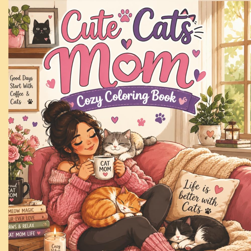 Cute Cats Mom Cozy Coloring Book: Adorable Cat Moms, Cozy Homes, Kitten & Relaxing Coloring Pages for Stress Relief and Creative Fun
