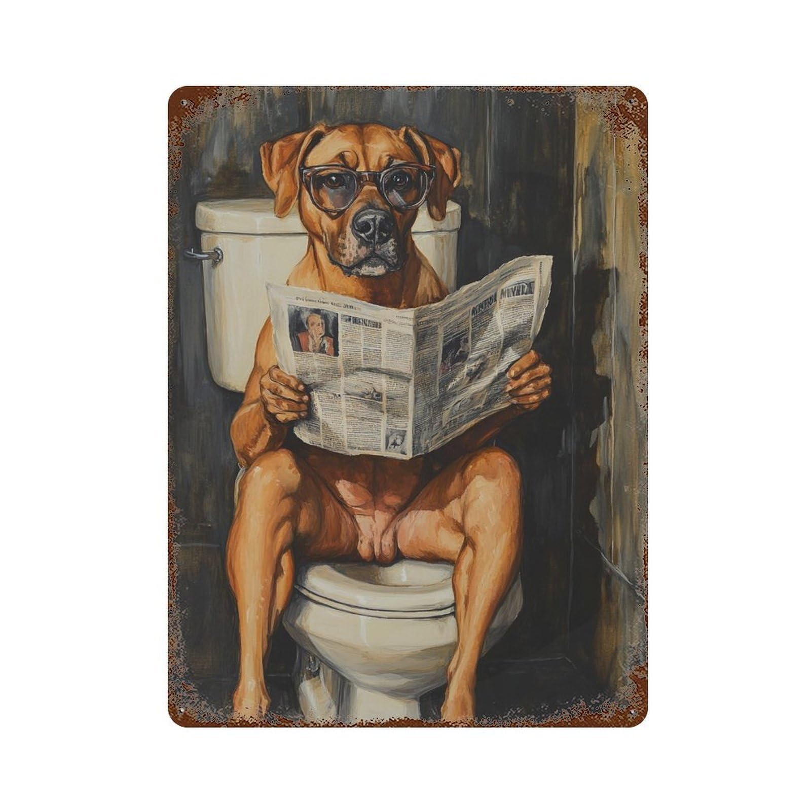 Decorative Tin Sign with Dog Reading Newspaper on Toilet-53 Design 15.7"x11.8", for Farmhouse, Kitchen And Entryway Decor, Old School Wall Decor