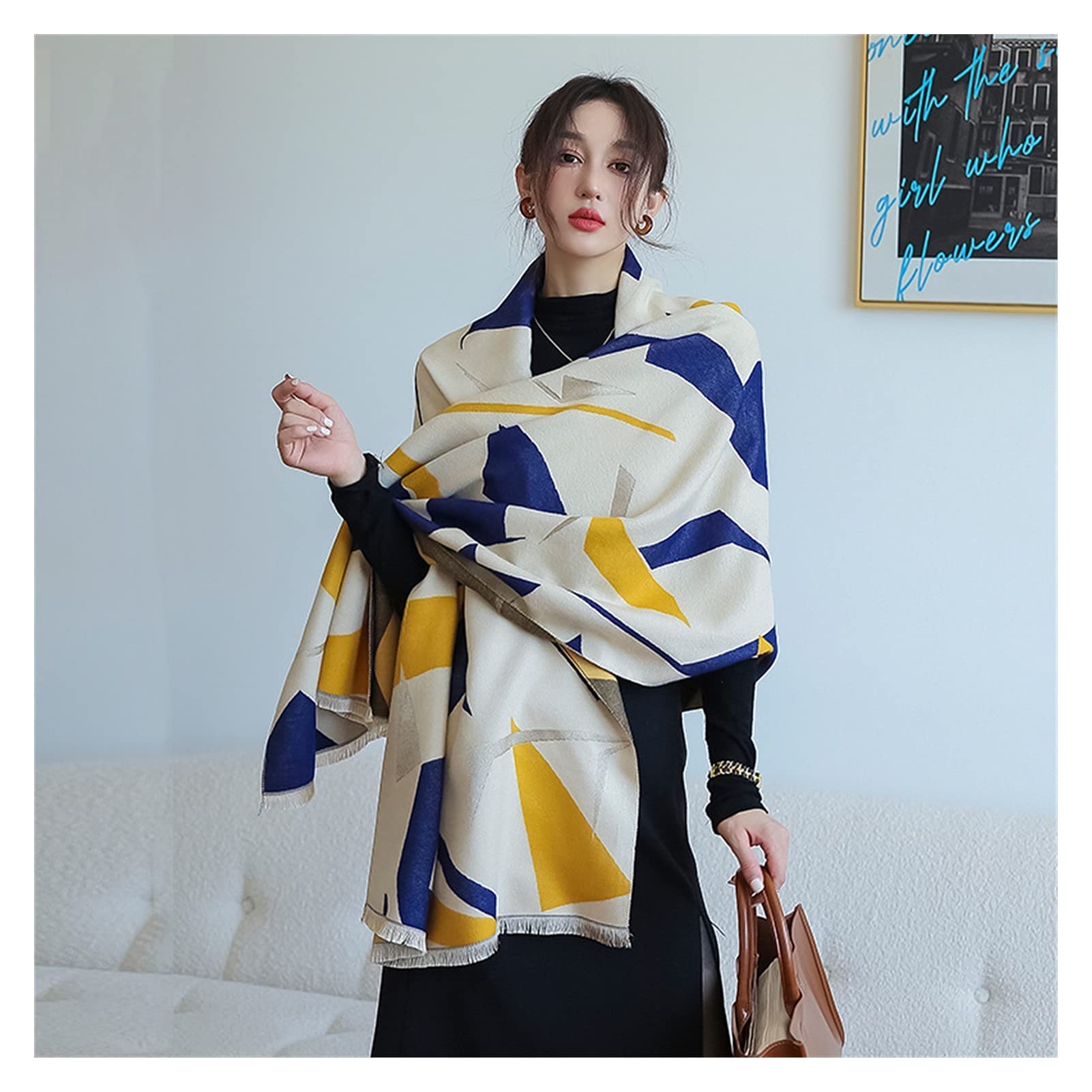 szalik Nowy wełniany szalik Zimowa geometria Koc Foulard Kobiety Szaliki Ciepłe szale Okłady Szaliki Lady Stule (Kolor: Zielony, Rozmiar: 190x65cm) (Pomarańczowy 190x65cm)