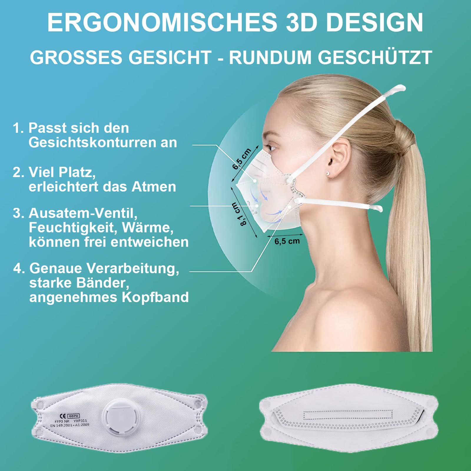 FFP2 Maske mit Ventil, Fischform 10 Stück Masken großer Kopf, Versand aus Deutschland, Staubmaske Feinstaubmaske Staubschutzmaske Atemschutzmaske mit Ausatemventil, Kopfband