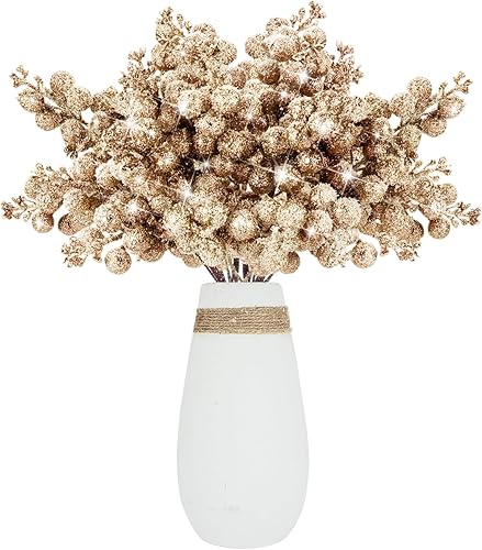 Miniatura 7 de 16 tallos de bayas artificiales con purpurina, púas de Navidad esmeriladas de 9 pulgadas, ramas de bayas de acebo con purpurina para rellenos de