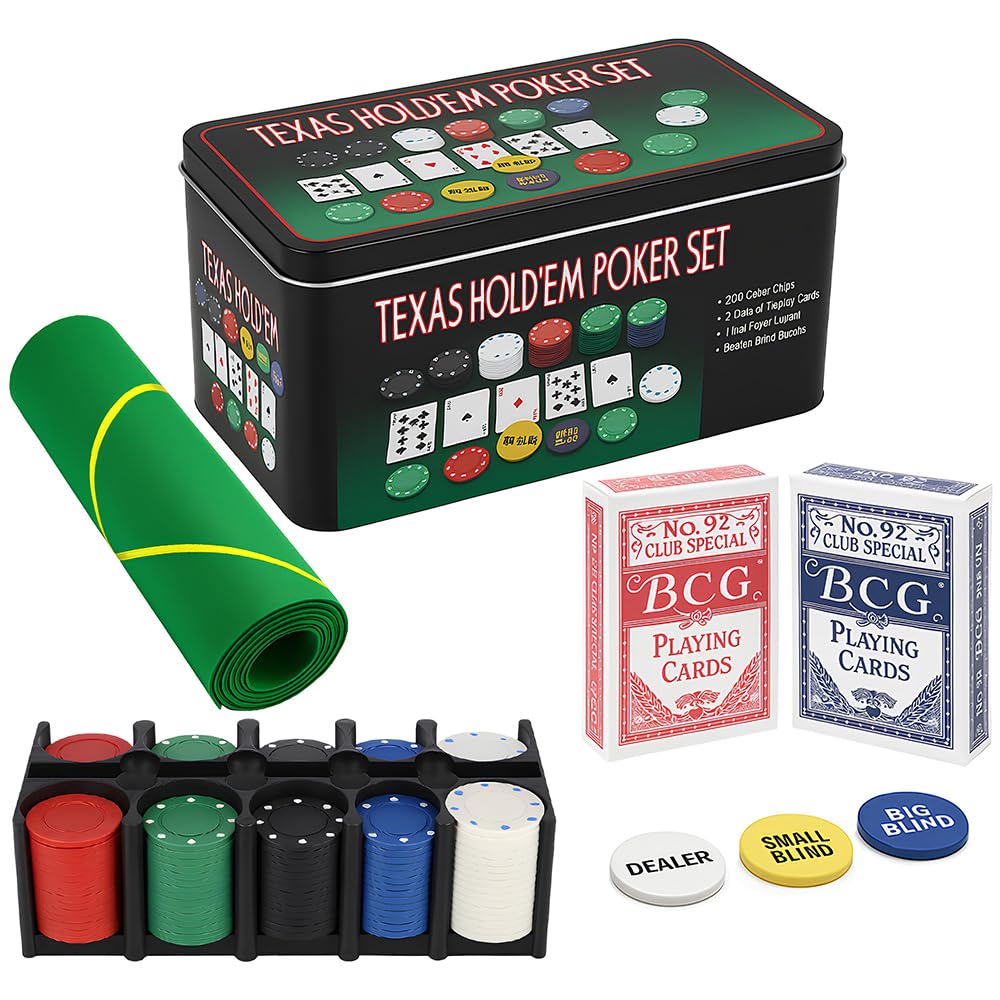 BML 200 Piece Texas Hold'em Poker Set with Table Cloth Casino Chips & Playing Cards | Poker Dice Decks High-Stakes Excitement Party Game for Family & Friends