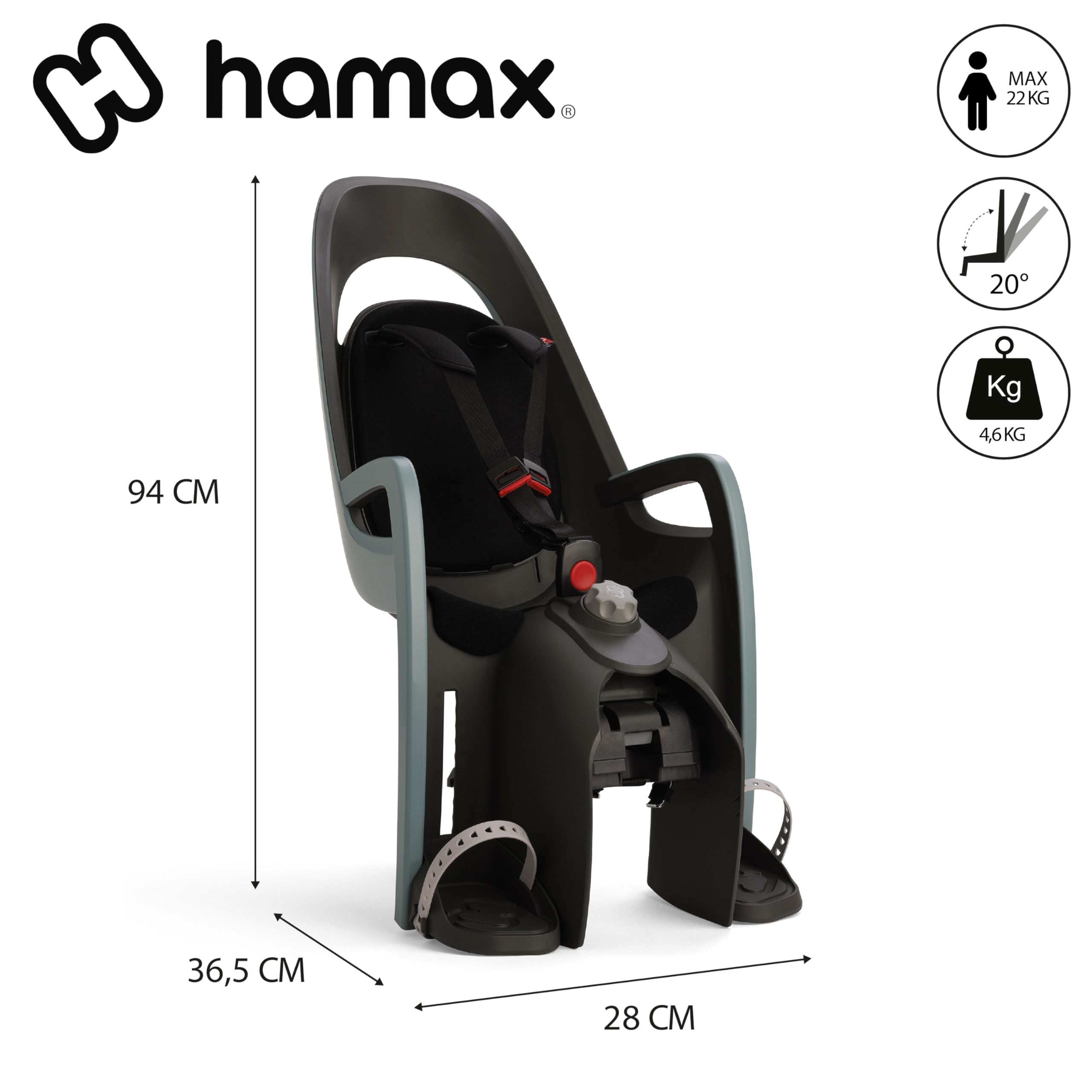 Hamax Porte Bébé Vélo Caress Vert/Noir Siège Inclinable 20° Sécurité 3 Points Protection Imperméable