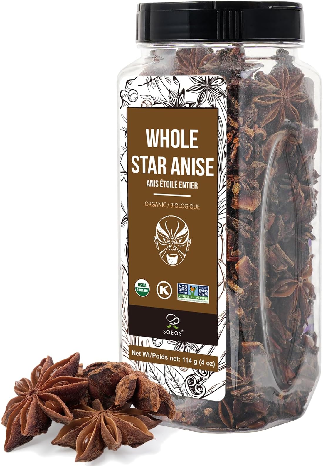 Soeos Organic Star Anise, Whole Anise 4 Oz (114G), Chinese Pods, Whole, Non-Gmo Verified, Dried For Beverages, Cooking, Baking
