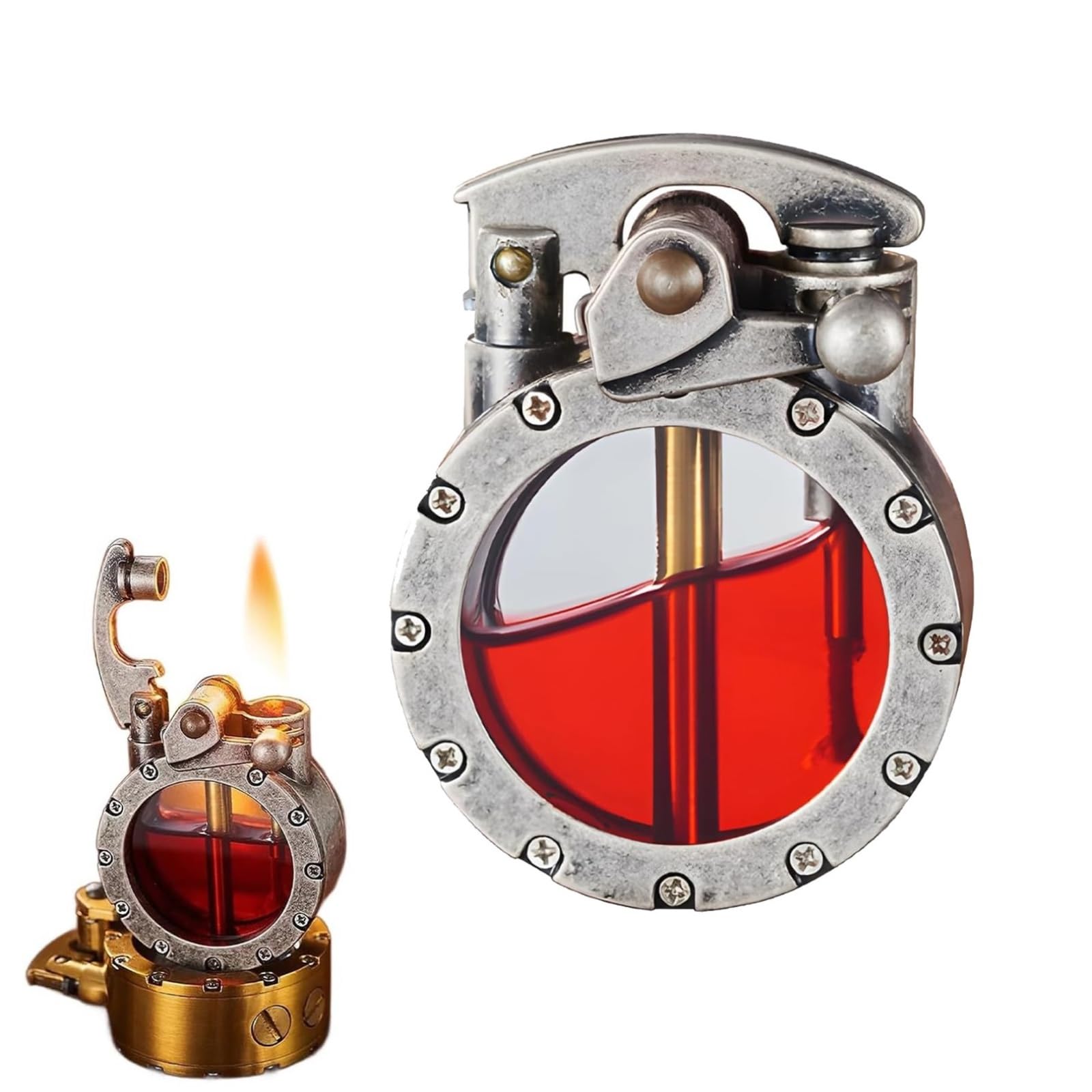 Vintage trench lighter, soft flame kerosene lighter, transparent gas tank, rocker arm ignition, windproof and reusable, suitable for camping barbecue, gift for men and husband(Silver)