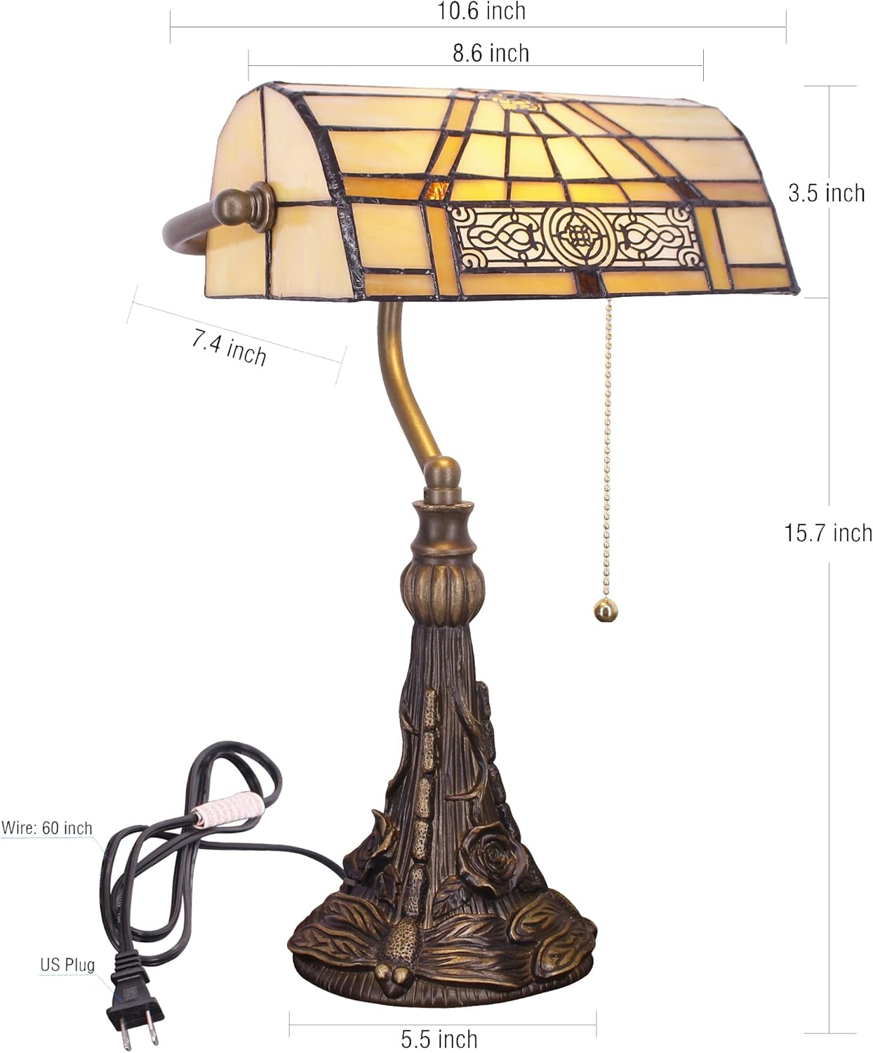 Tiffany Banker Lamp Small Stained Glass Table Lamp Tiffany Style Piano Light Yellow Mission Style Desk Lamp Angle Adjustable 10.6X15.7 Inch for Home Office Living Room Bedroom
