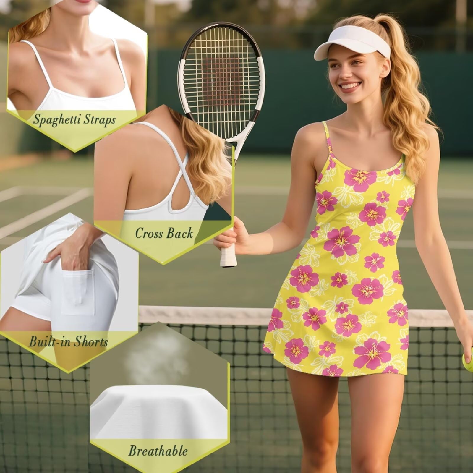 Vestito da tennis 2 in 1 da donna con pantaloncini incorporati, tasca per golf, allenamento