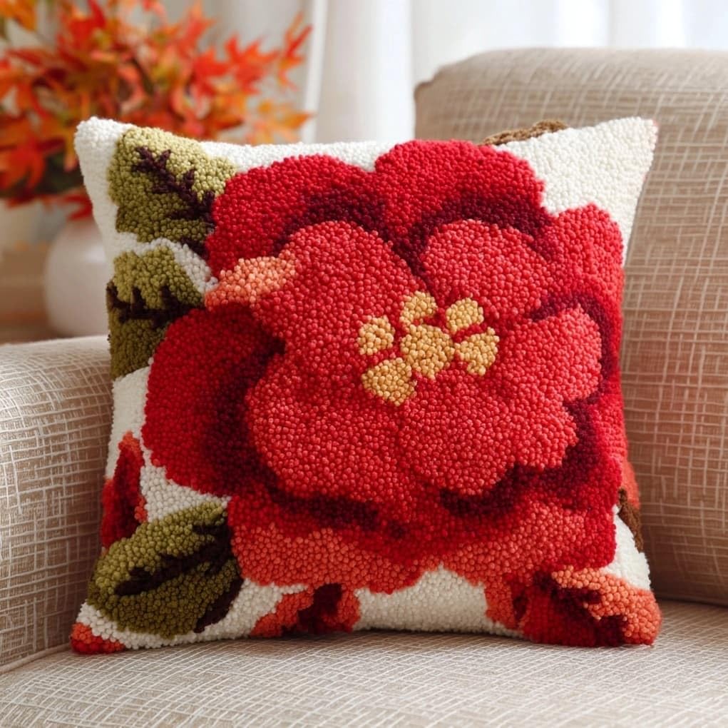 AxiangziK Pre-Printed Latch Hook Pillow Kit,Red Flowers