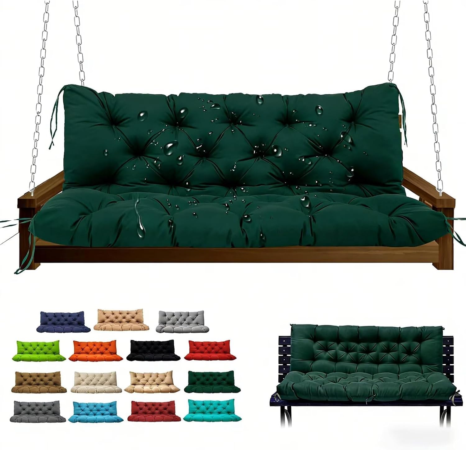 Garden Bench Cushions, 2-3 Seater Thick Waterproof Fabric Durable Comfortable Outdoor Indoor Seating Cushion with Convenient Ties Versatile for Patio Garden Porch Benches(Dark Green 120x100cm)