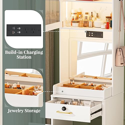 Miniatura 10 de NUNU LAB Escritorio pequeño de tocador con espejo iluminado por LED, juego de mesa de tocador 3 en 1 con espejo superior abatible, juego de mesa de