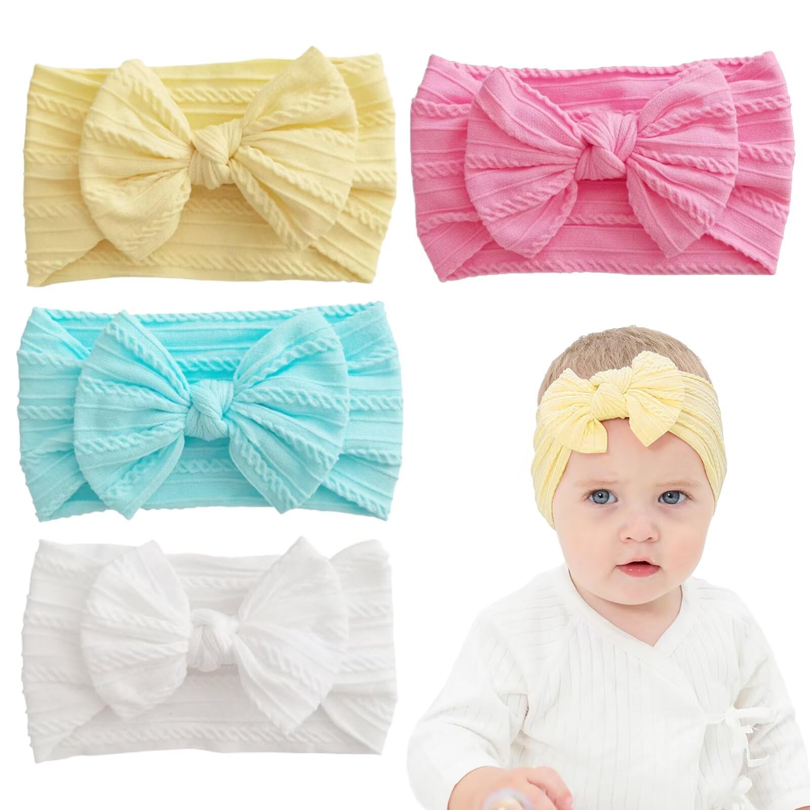 4 diademas turbantes para bebé, diademas de nailon para bebés y niñas, lazo suave, diadema elástica para recién nacidos, niños pequeños (rosa, blanco, azul, amarillo)