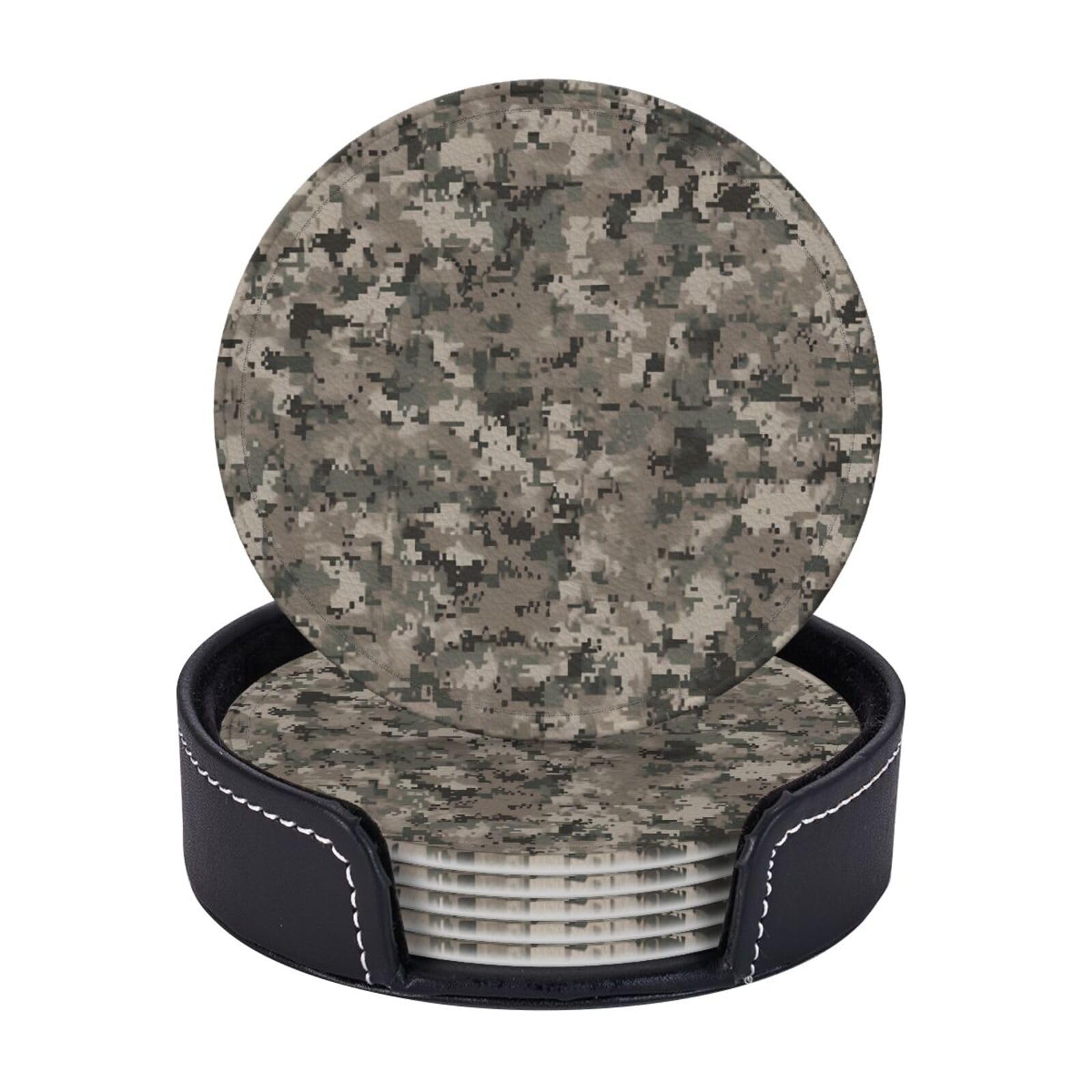 6Pcs PU Leather Coaster for Drinks, Army Digital Camouflage Cup Coasters with Holder, Aesthetic Drink Coasters for Coffee Table, Round Coaster for Tabletop Protection 4" Cup Mat Pad