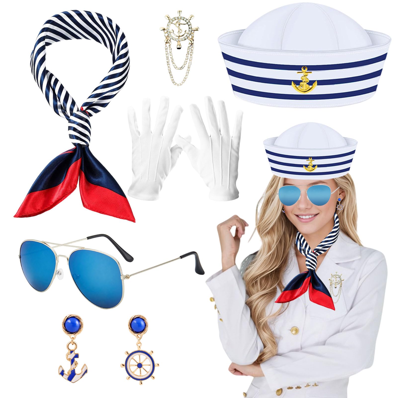 Czapka marynarska, zestaw szalików, kostium żeglarski, dodatek dla kobiet, niebiesko-białe paski, strój marynarski, przebranie kapitana, na karnawał, Cosplay, żeglarskie tematyki żeglarskie,