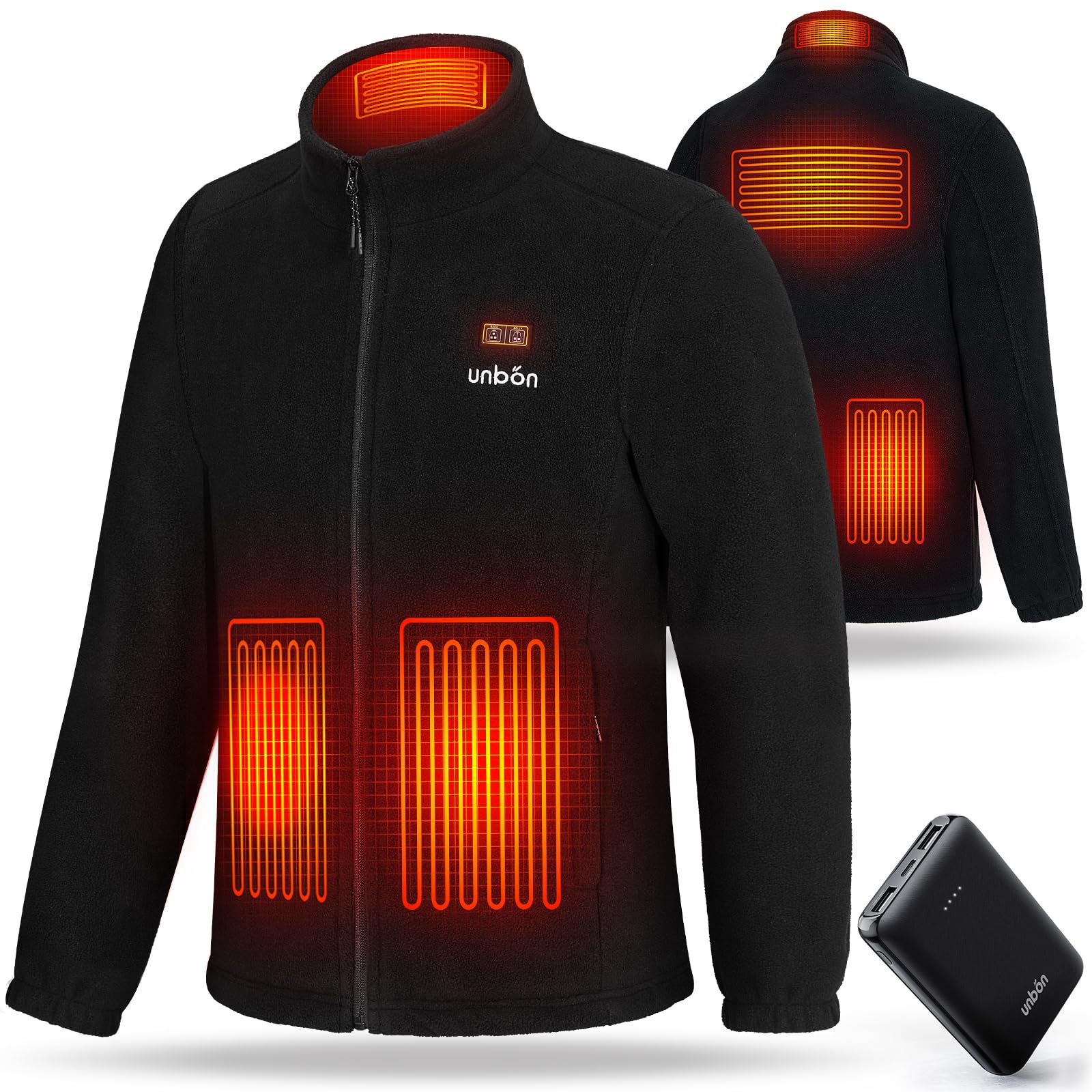 UNBON Veste Chauffante Homme, Veste Polaire Chauffante Homme avec Batterie USB 10000mAH, Manteau Chauffant 3 Températures 6 Zones de Chauffe, Blouson Chauffant Manche Longue pour Moto Travail