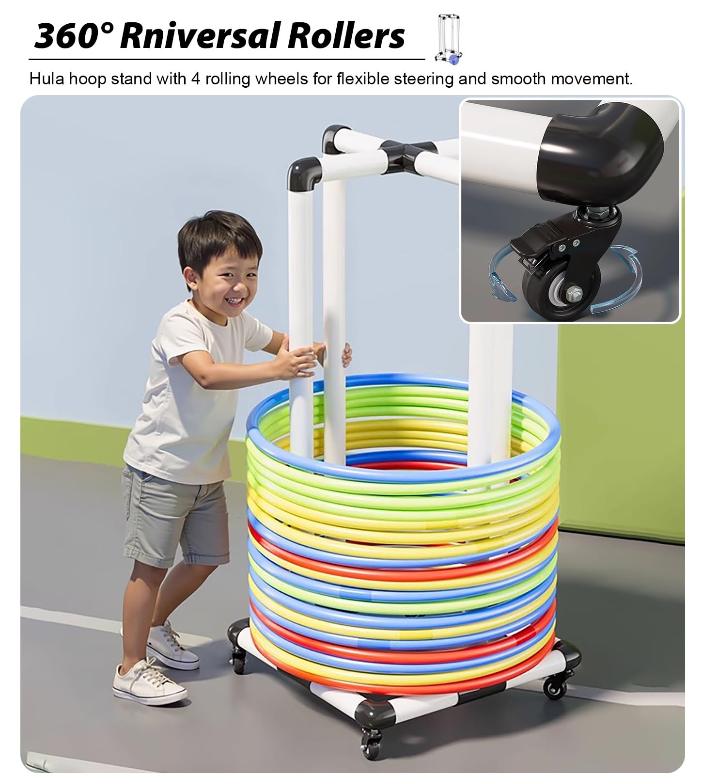 Supporto portatile per Hula Hoop con ruote per una facile conservazione e mobilità, organizer salvaspazio per attrezzature fitness per casa e palestra