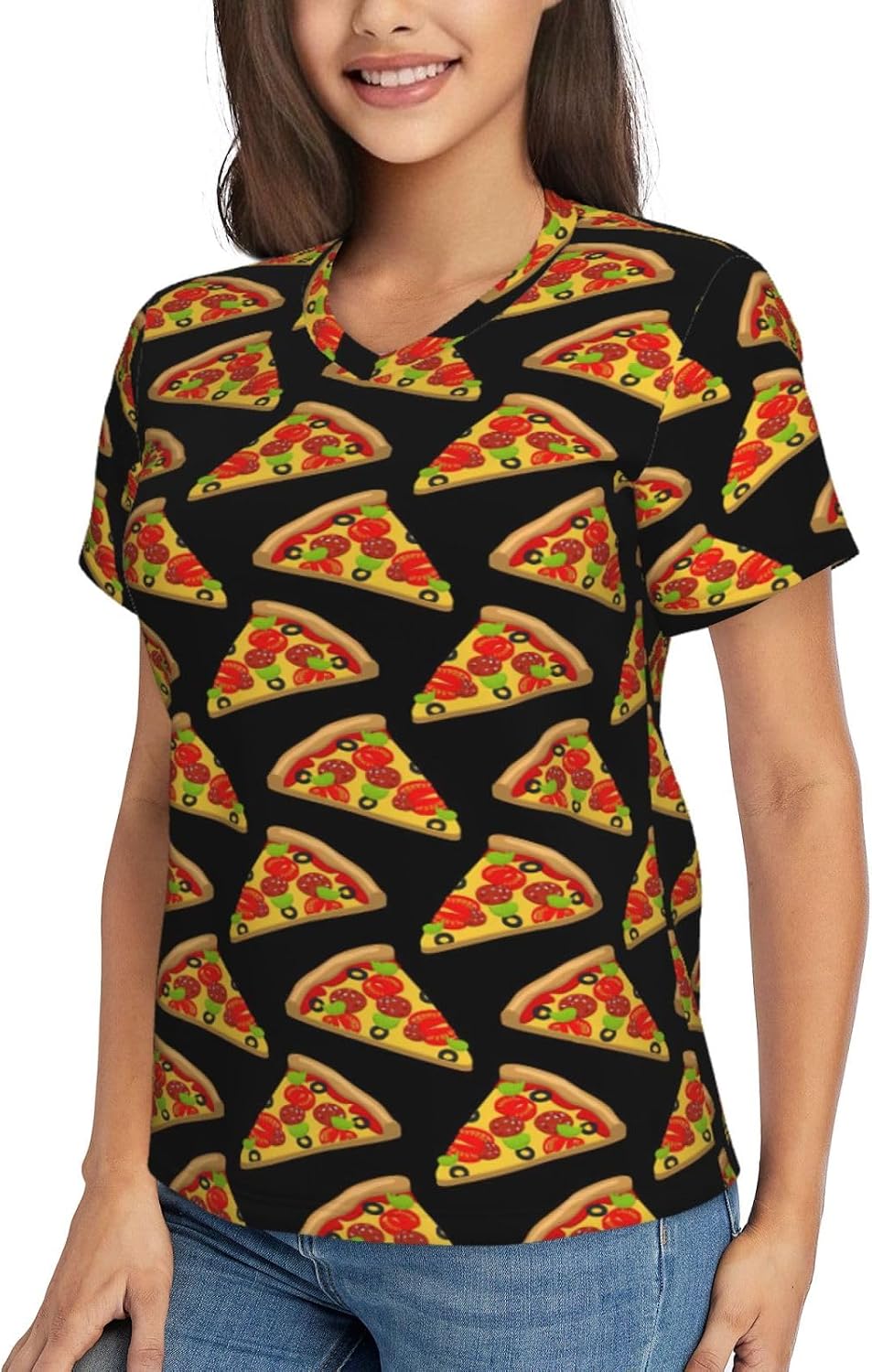 Womens Tasty Pizza Print Short Sleeve V Neck T-Shirts Casual Breathable Tee Basic Summer Tops 2026